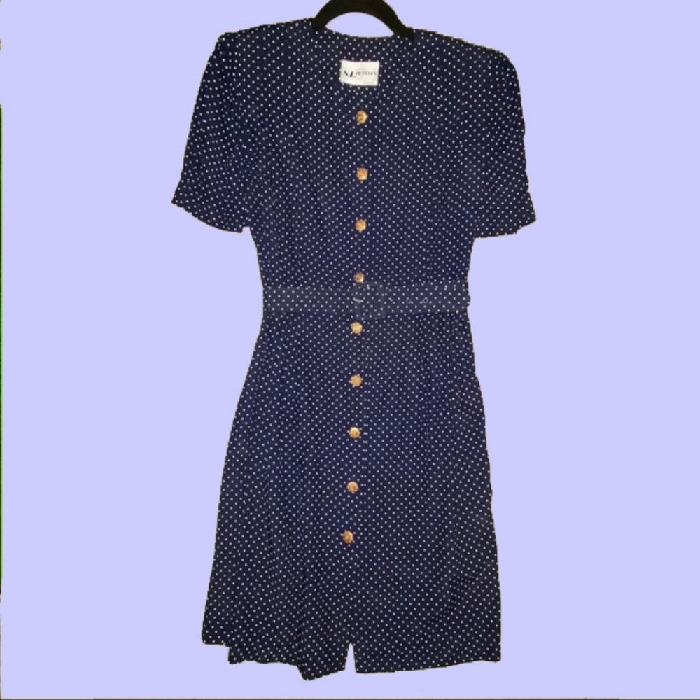 1980s Rayon Belted Dress Shoulder Pads Button front polka dots